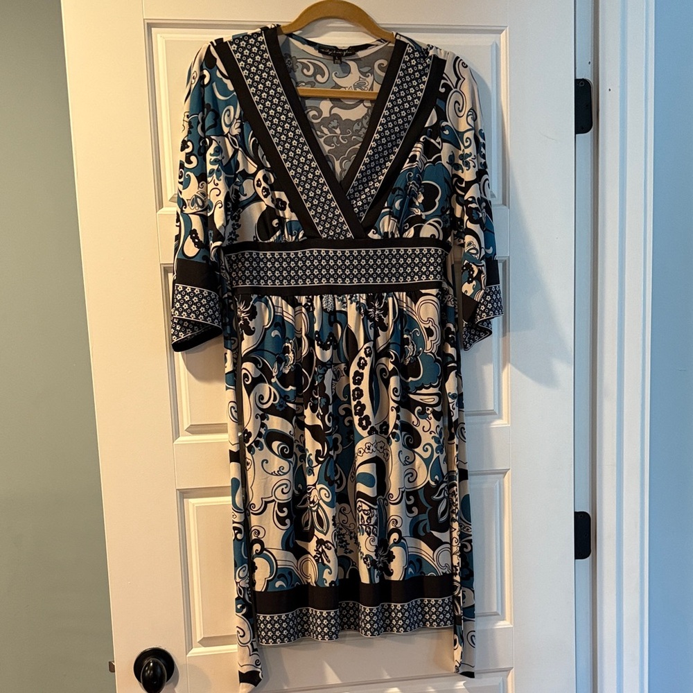 Maternity - City Triangles Teal and Black Patterned 3/4 Sleeve Dress